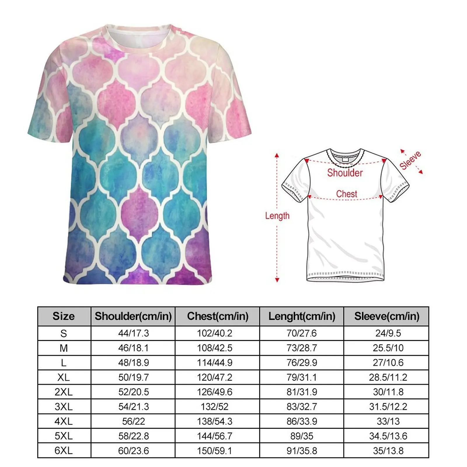 Pastel Watercolor Moroccan Tile T-Shirt  Vintage T Shirts Man Aesthetic Tee Shirt Summer Short Sleeve Custom Tops 4XL 5XL 6XL