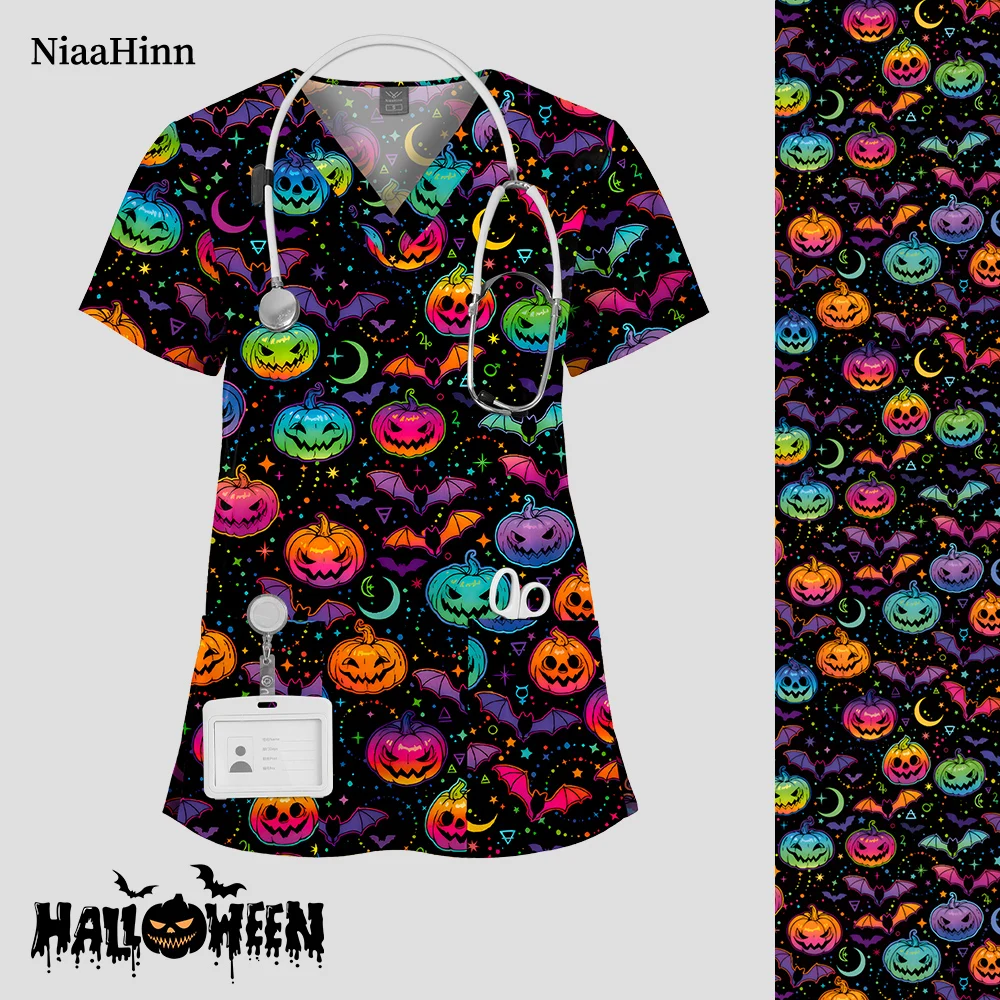 

Niaahinn Nursing Scrub Tops Women vet Work Uniform Blouse Unisex Short Sleeve V-neck Printing Uniforms Clothes Nurse Accessories