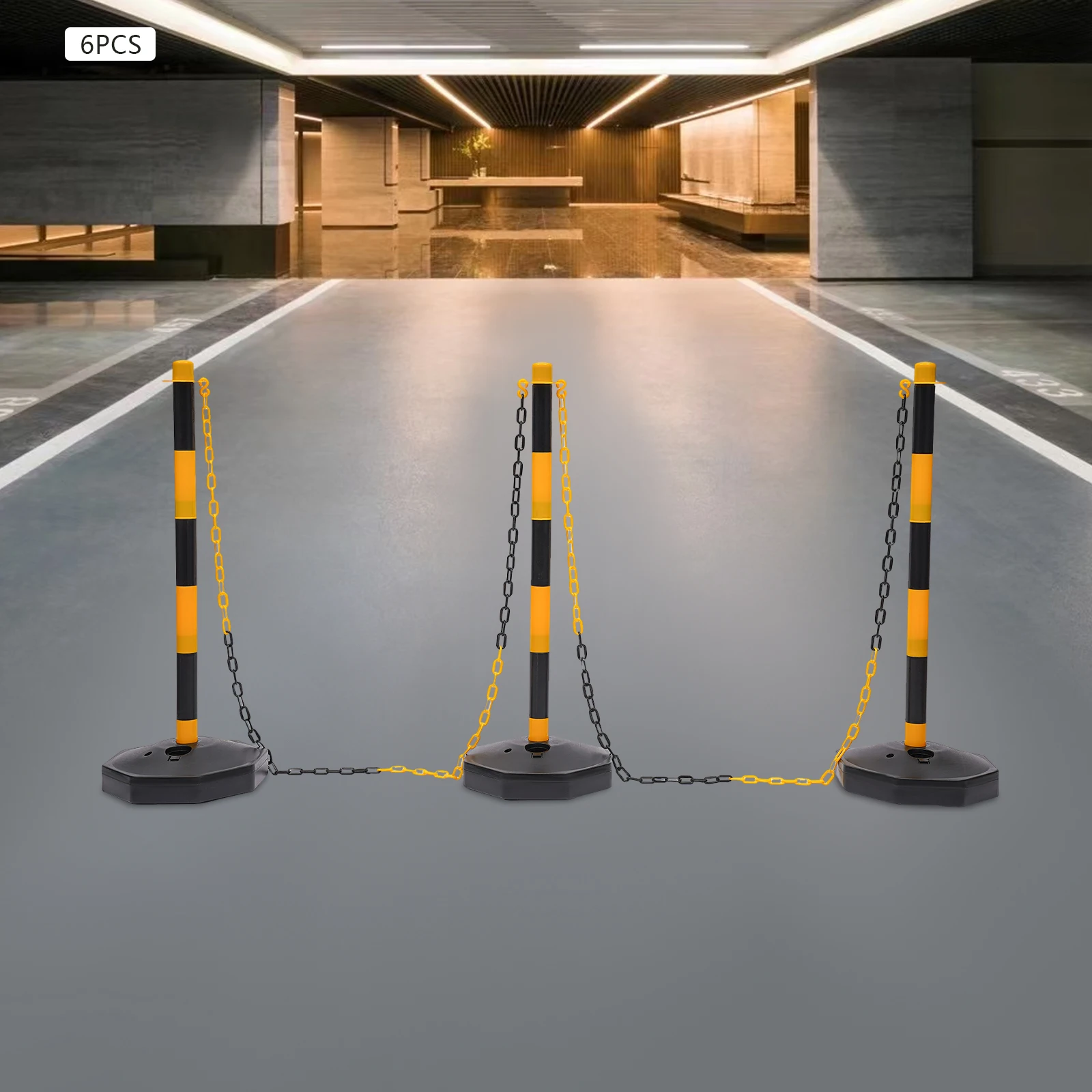 Safety Bollard Set - 6 PE Posts+6 Fillable Bases+5x6.56ft Chains, Adjustable Height, Windproof for Parking Lot/Construction