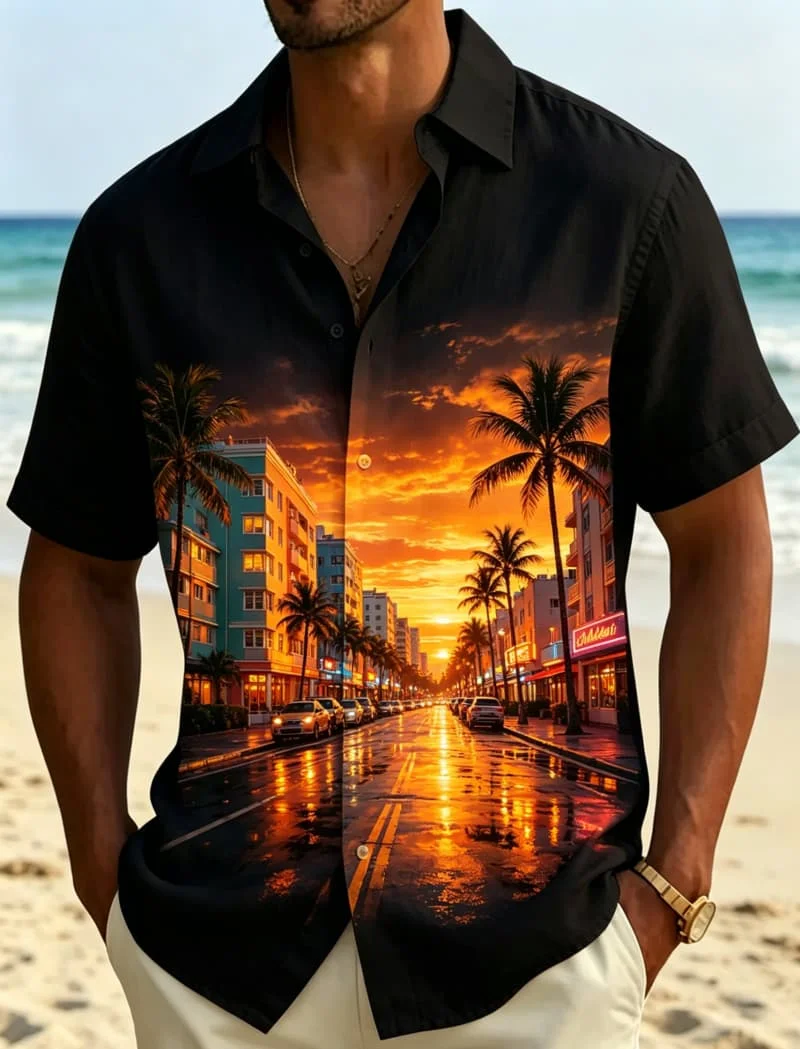 Men's Urban & Tropical Nightscape Print Casual Shirt, Breathable Top，suitable For Summer Vacation And Daily Wear