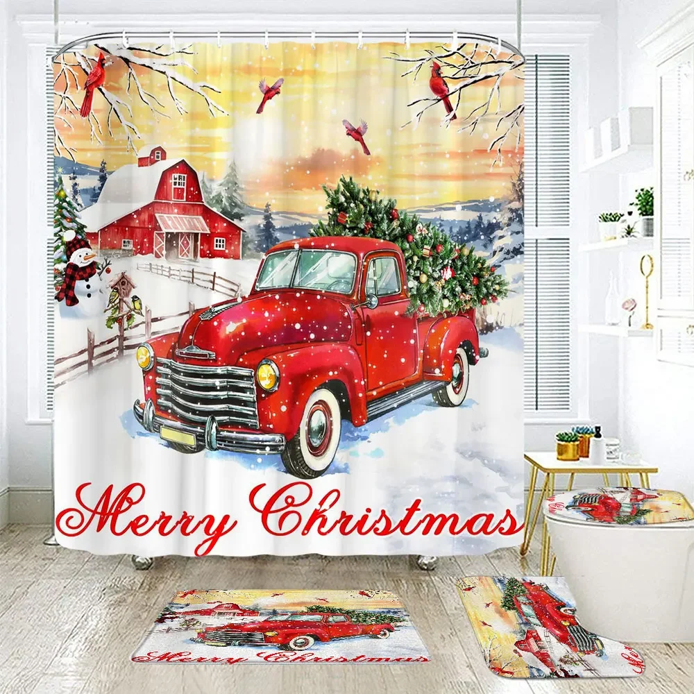 Merry Christmas Winter Red Truck Bathroom Shower Curtain Rug Set Snowman Polyester Reindeer Bath Curtain Washable Bathroom Decor