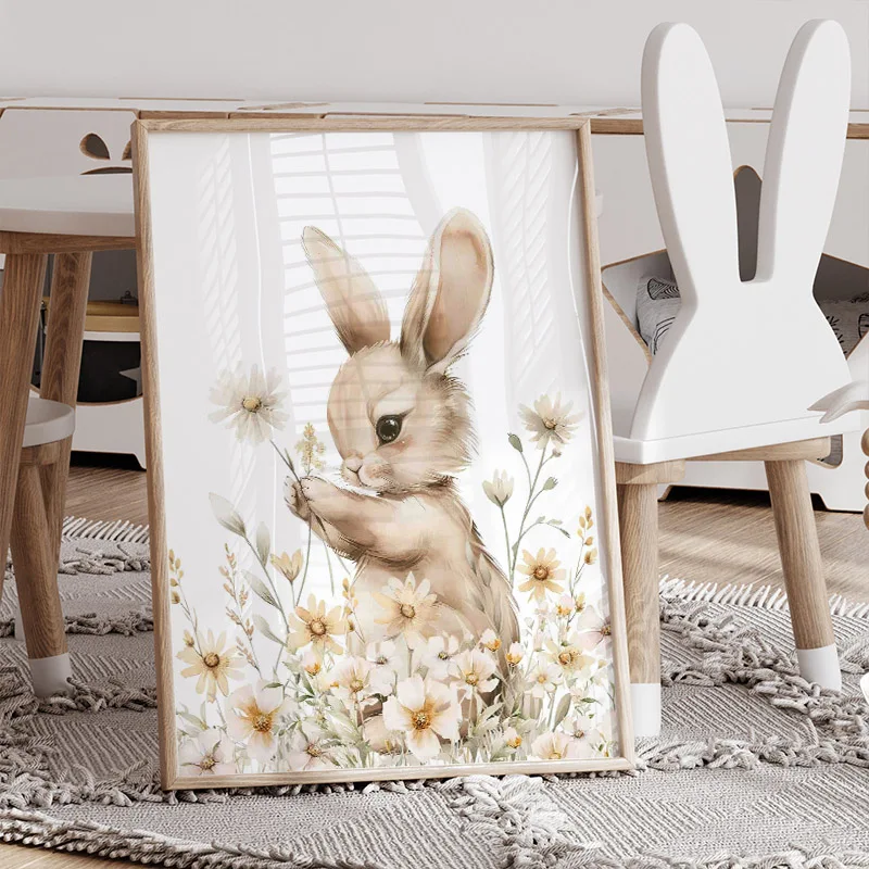 1pc frameless Canvas Painting Autumn Rabbit Wild Flower Daisy Nursery Wall Art Canvas Painting Nordic Cartoon Posters And Prints
