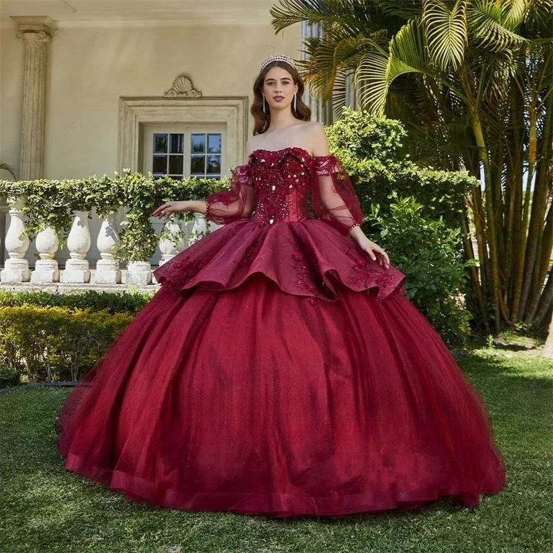 

Элегантное бордовое платье принцессы Quinceanera, 2024, бальное платье с цветочной кружевной аппликацией и бусинами, милые 16 платьев, корсет сзади