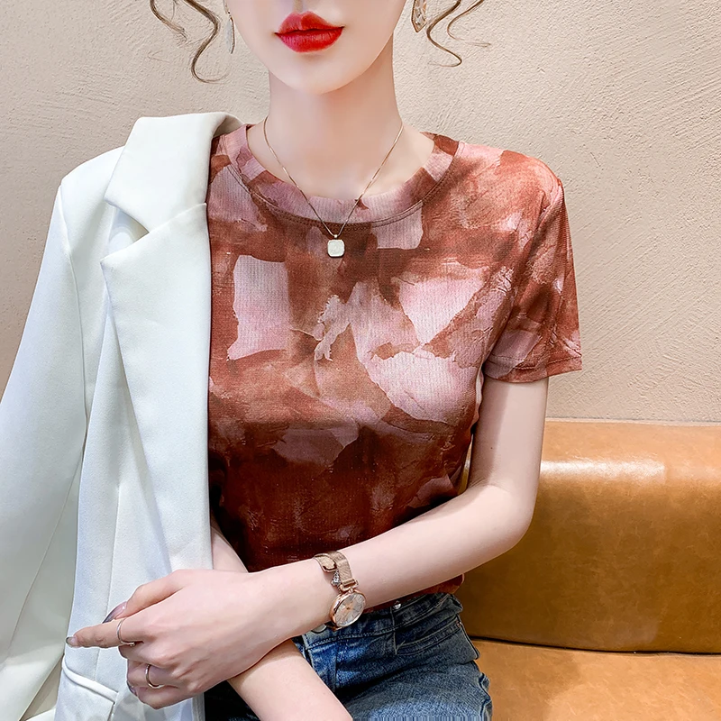 2023 New Summer Korean Clothes Mesh T-Shirt Fashion Sexy Print Smudge Brush Women Tops Short Sleeve Casual All Match Tees 33083