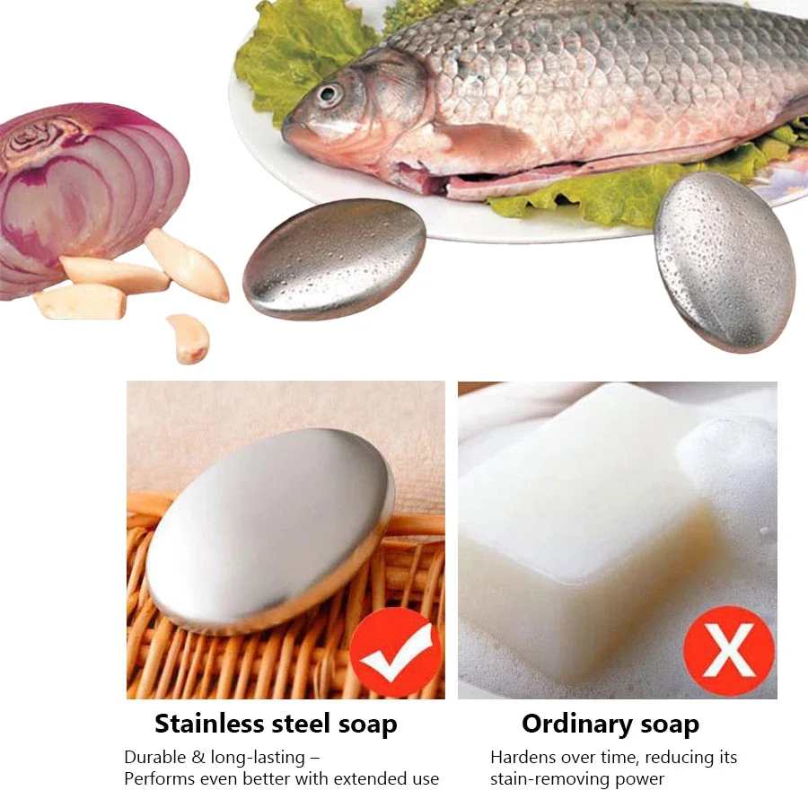 Stainless Steel Odor Removing Soap Bar, Odor Eliminator Hand Soap for Garlic Fish Onion Smells, Reusable Soap for Cleaning