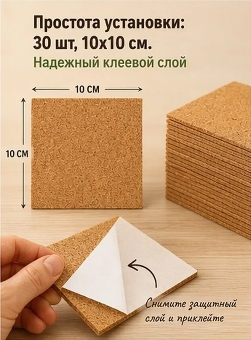 30Pcs 4 Inch Square Self Adhesive Cork Sheets Cuttable Writable Soundproof Cork Board for Study Room Kids Room Craft Decoration