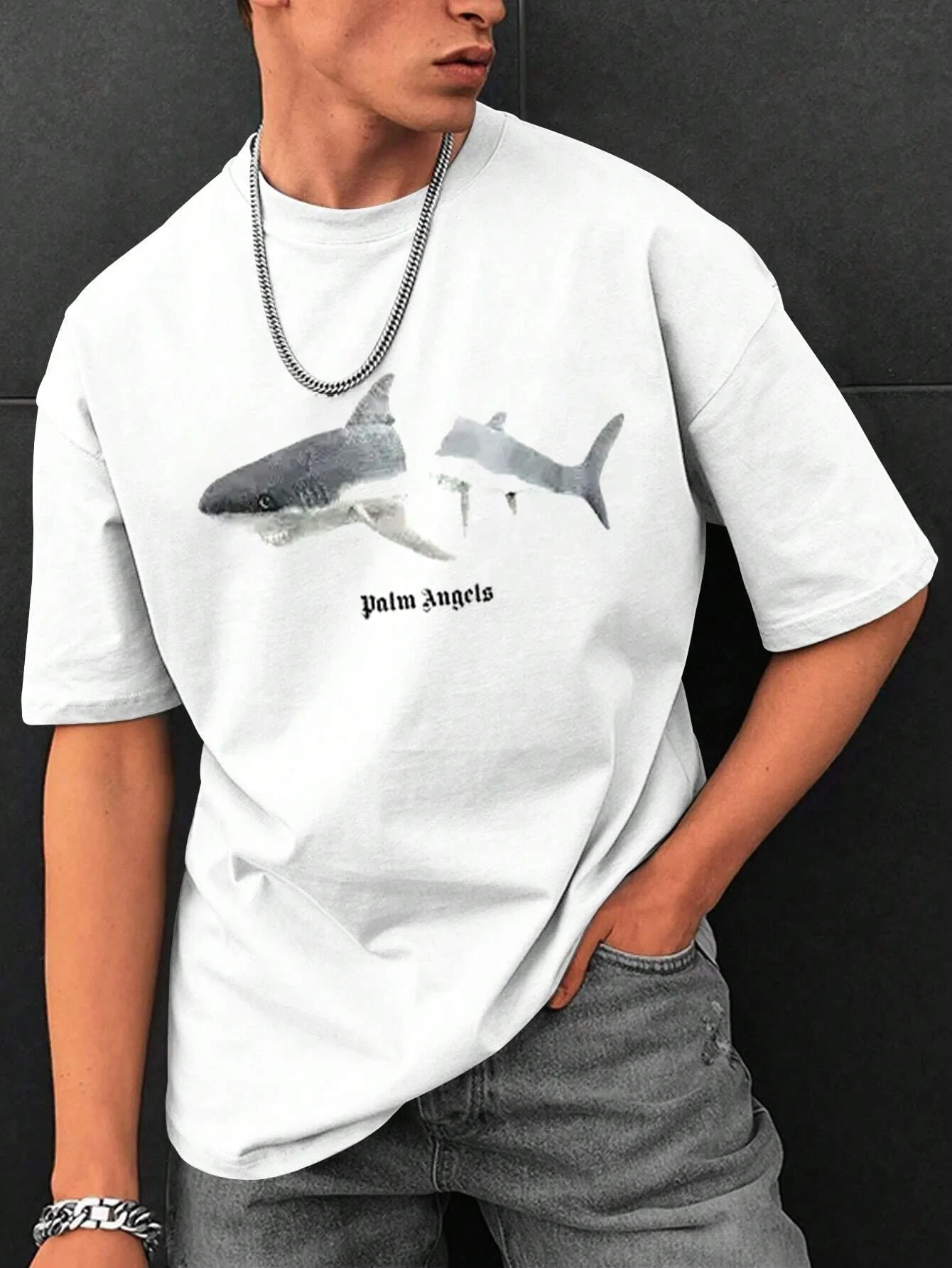 Short Sleeved T-Shirt Fun Cartoon Shark Design New T-Shirt o-Neck Black White Harajuku Men Tee Tops Cotton Fashion Clothing