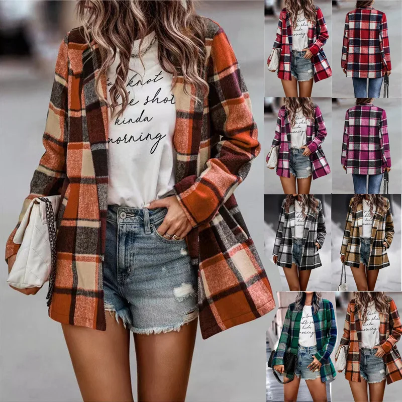 2023 European and American Women\'s Wear Autumn/Winter Long Sleeve Polo Collar Loose Plaid Thickened Woolen Coat