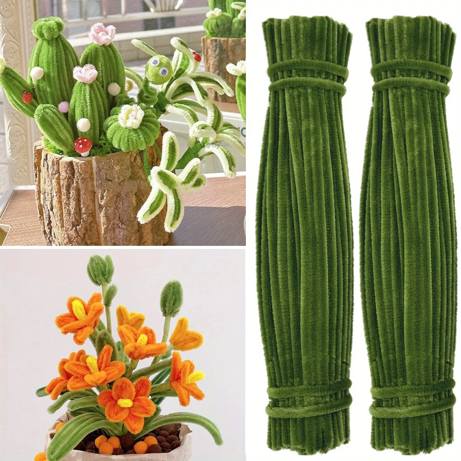 100pc Green Pipe Cleaner Craft Online Tutorial, Chenille Stem Flower DIY Art Supplies Project Decoration Kit, DIY Christmas Tree