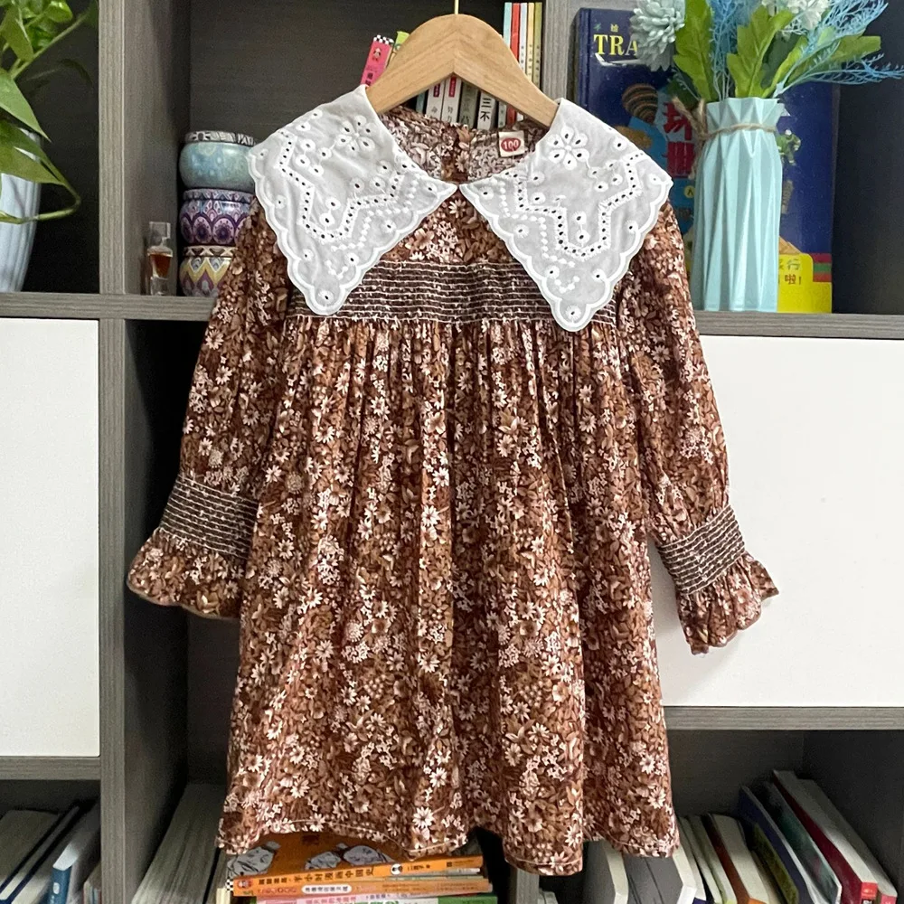 Korean retro floral cable tied dress 2026 spring new item for girls big lace collar girl's stylish princess dress