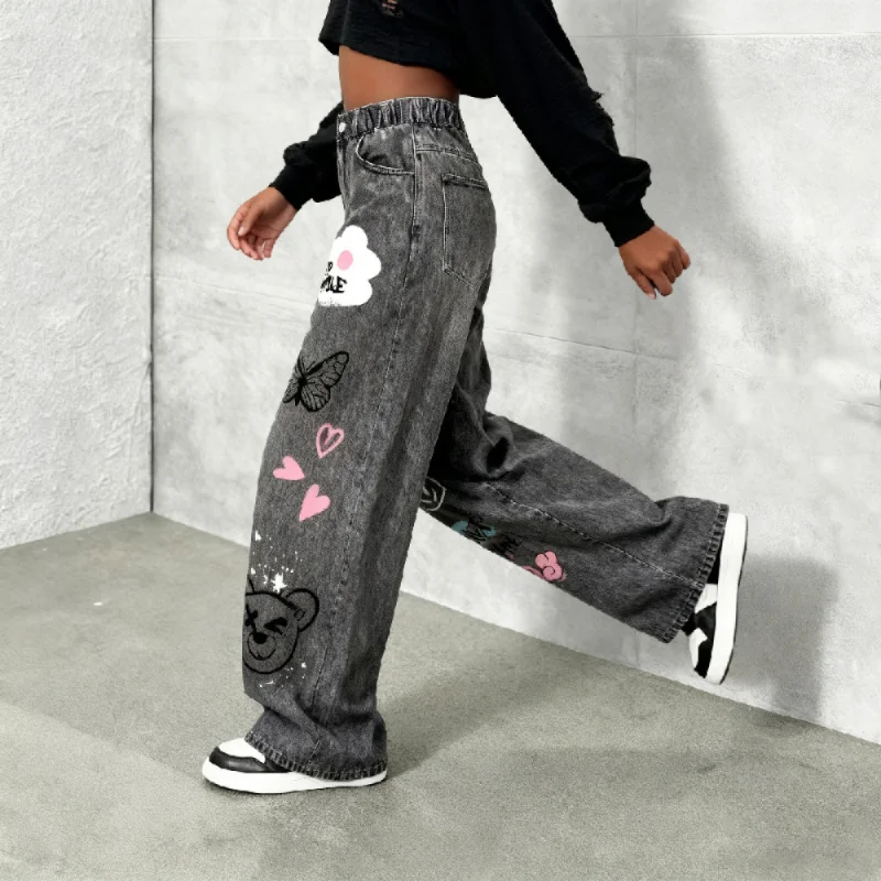 جينز صناعي واسع الساق مطبوع عليه رسوم كرتونية Y2K للفتيات - جينز صناعي فضفاض مناسب للمراهقين مع وجه مبتسم وفراشة ودب P #3