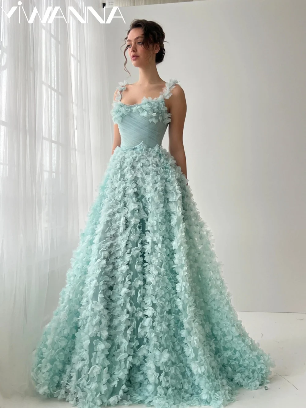 Novo bordado 3d floral vestido de noite cativante alças finas vestido de festa de casamento personalizado elegante a linha vestidos para mulher