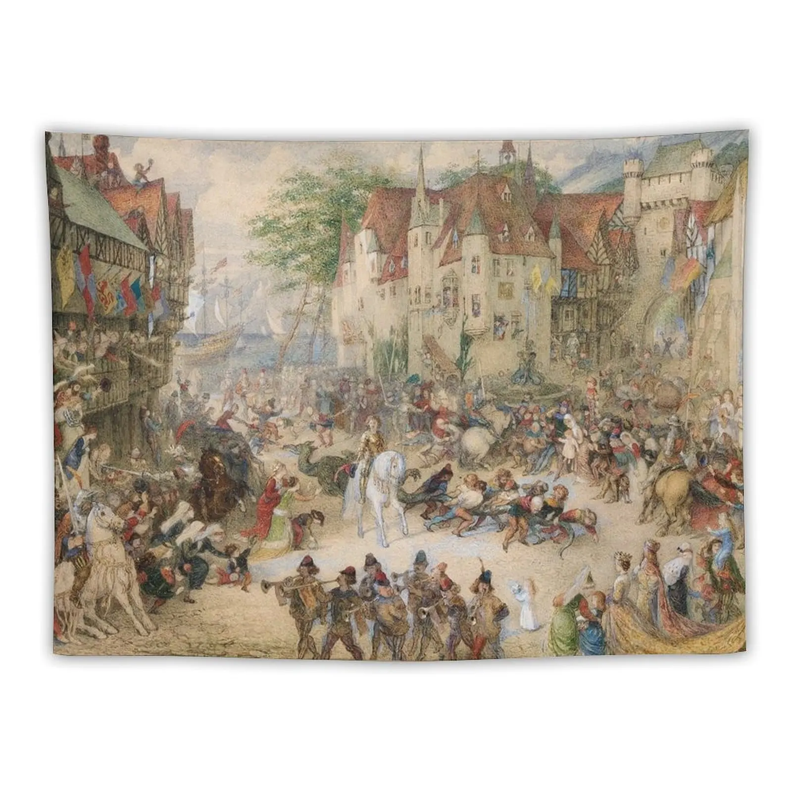 

onlookers cheer a triumphant St George with the Dragon Tapestry Room Aesthetic Decor Decoration Room Tapestry