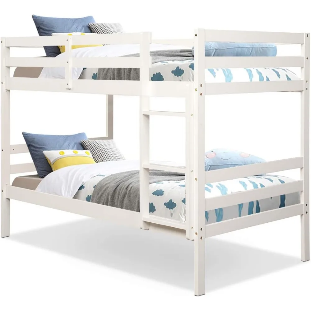 Twin Over Twin Bunk Beds, Wood Convertible Two Beds, Solid Rubberwood Bunk Bed with Built-in Ladder and Safety Rails, Beds