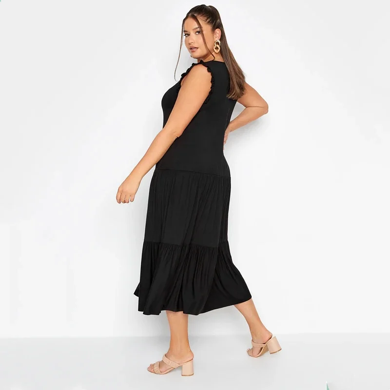 Plus Size Sleeveless Summer Elegant Maxi Smock Dress Women Frill Sleeve Long Fit Flare Chic Tank Dress Casual Beach Dress 8XL