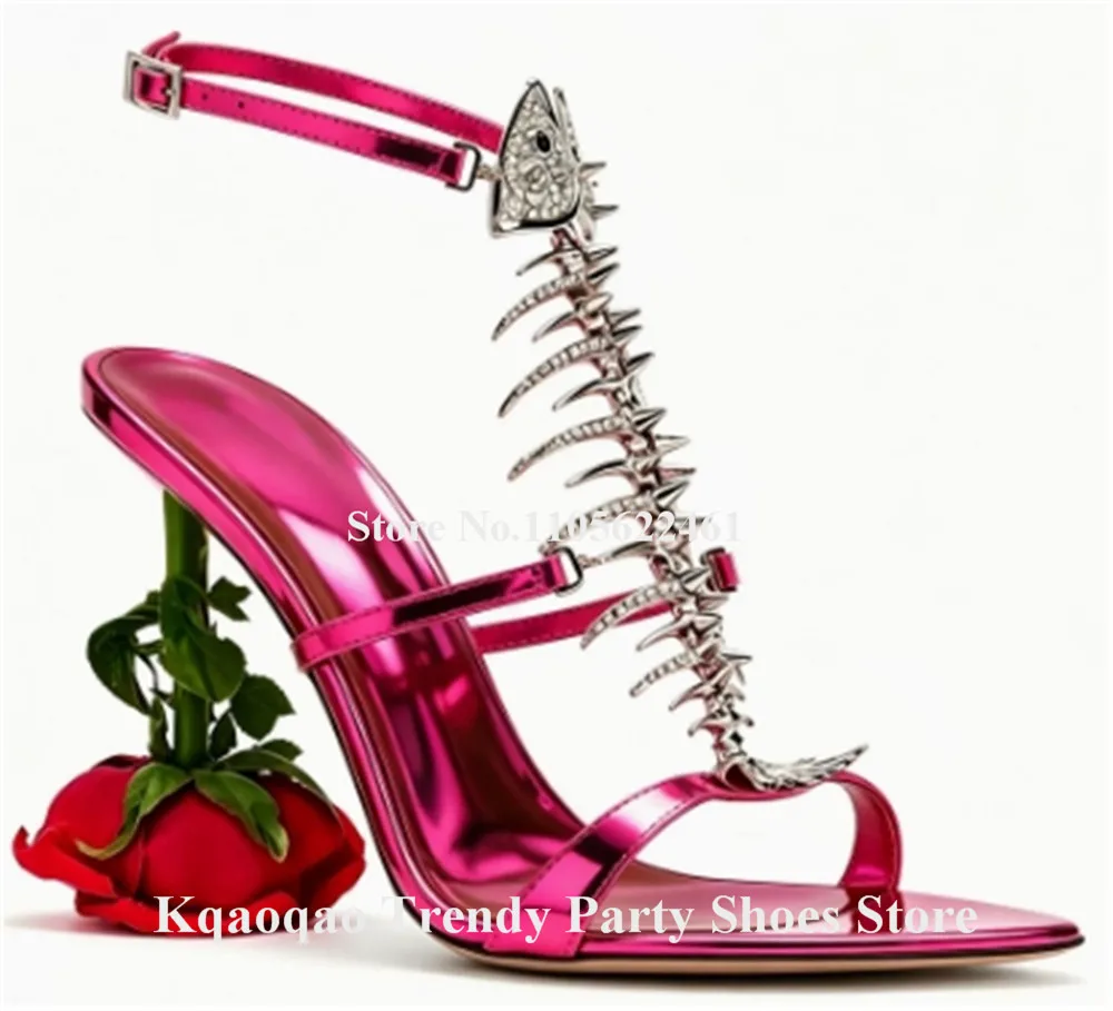 Kqaoqao Unique Style Metallic Green Leather Flowers Shaped Heel Sandals Pointed Open Toe T-straps Strange Heel Party Heels