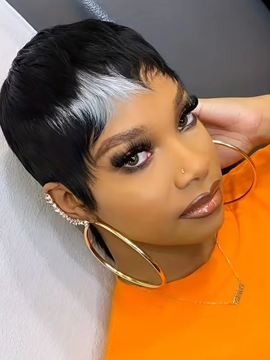 Короткий парик Боб для черно-белого парика с стрижкой пикси с челкой Натуральный черный прямой парик из бразильских волос машинного производства смешанного цвета