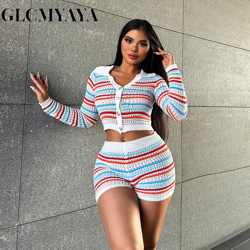 

GLCMYAYA Women Fashion Knit Ribbed Striped Set Long Sleeve Button Sweater and Shorts 2023 Two 2 Piece Sets Outfits Tracksuit