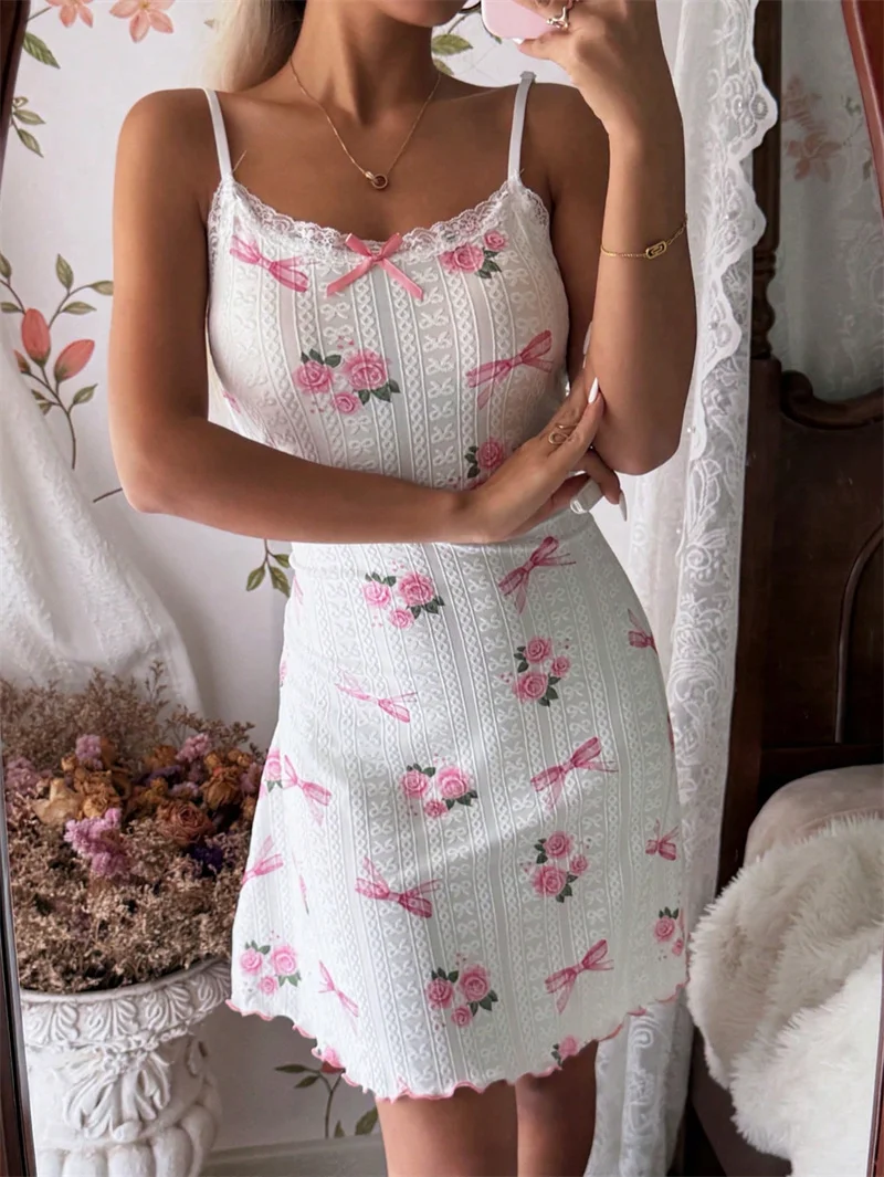 Women's French Sweet Pajamas Pink Rose Print Home Clothes Textured Knit Ruffles Spaghetti Strap Night Dress Lace Trim Sleepwear