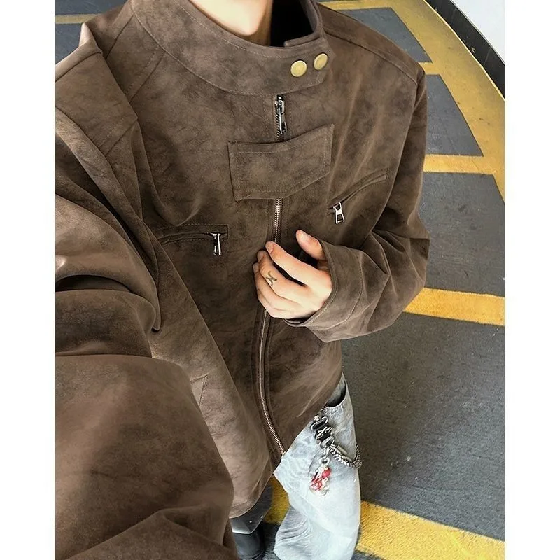 Men's Workwear PU Leather Jacket Dyed Zipper Collar Moto Style Coat Black Grey Oversize Autumn Fashion Outerwear