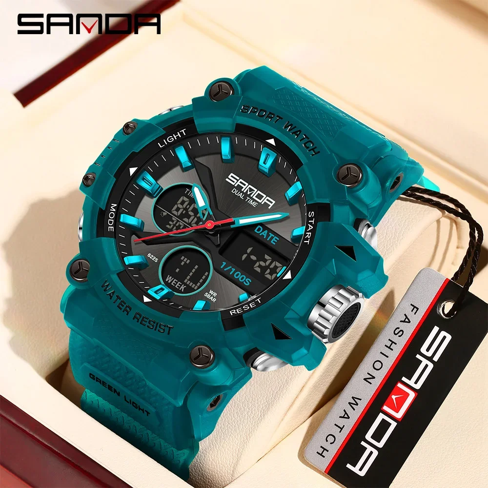 

SANDA 6225 New Hight Quality Men Watch Sport Fashion Analog Digital Wristwatch TPU Strap Man Date Week Waterproof Watches 2024