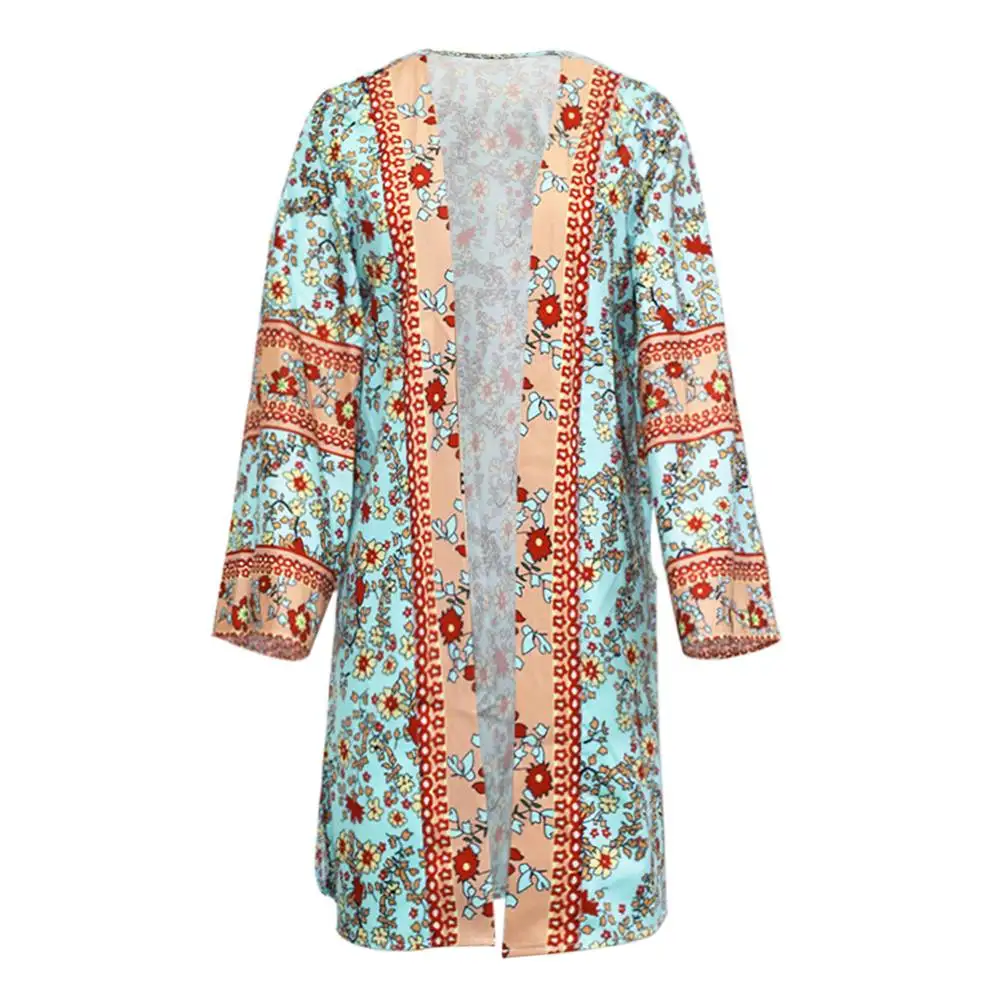 Women Open Stitch Cardigan 2024 New Bohemian Print Cardigan Holiday Kimono Vintage Loose Long Sleeve Mid Length Sunscreen Jacket