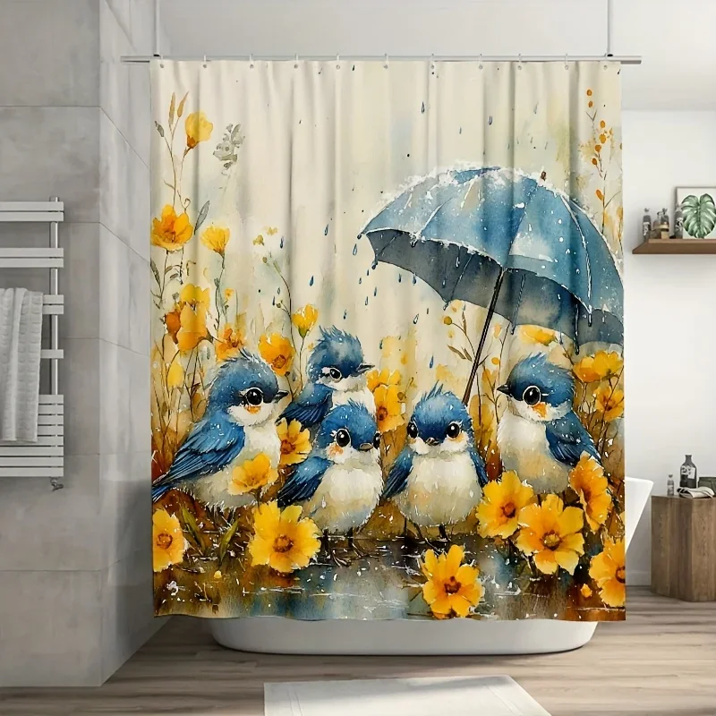 ~O~Cartoon Little Birds Shower Curtain - 71x71 Inch Polyester, 12 Hooks, Hand Wash, Ideal for Bathroom & Summer Home Decor