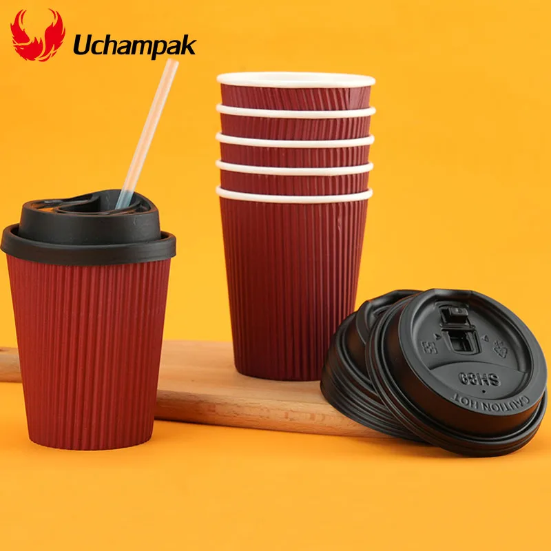 25-50 teile/satz 8 unzen Kaffee Tassen Burgund Doppel Wand Isolierte Papier Kaffee Tassen Mit Deckel Einweg Streifen Tragbare Pappbecher
