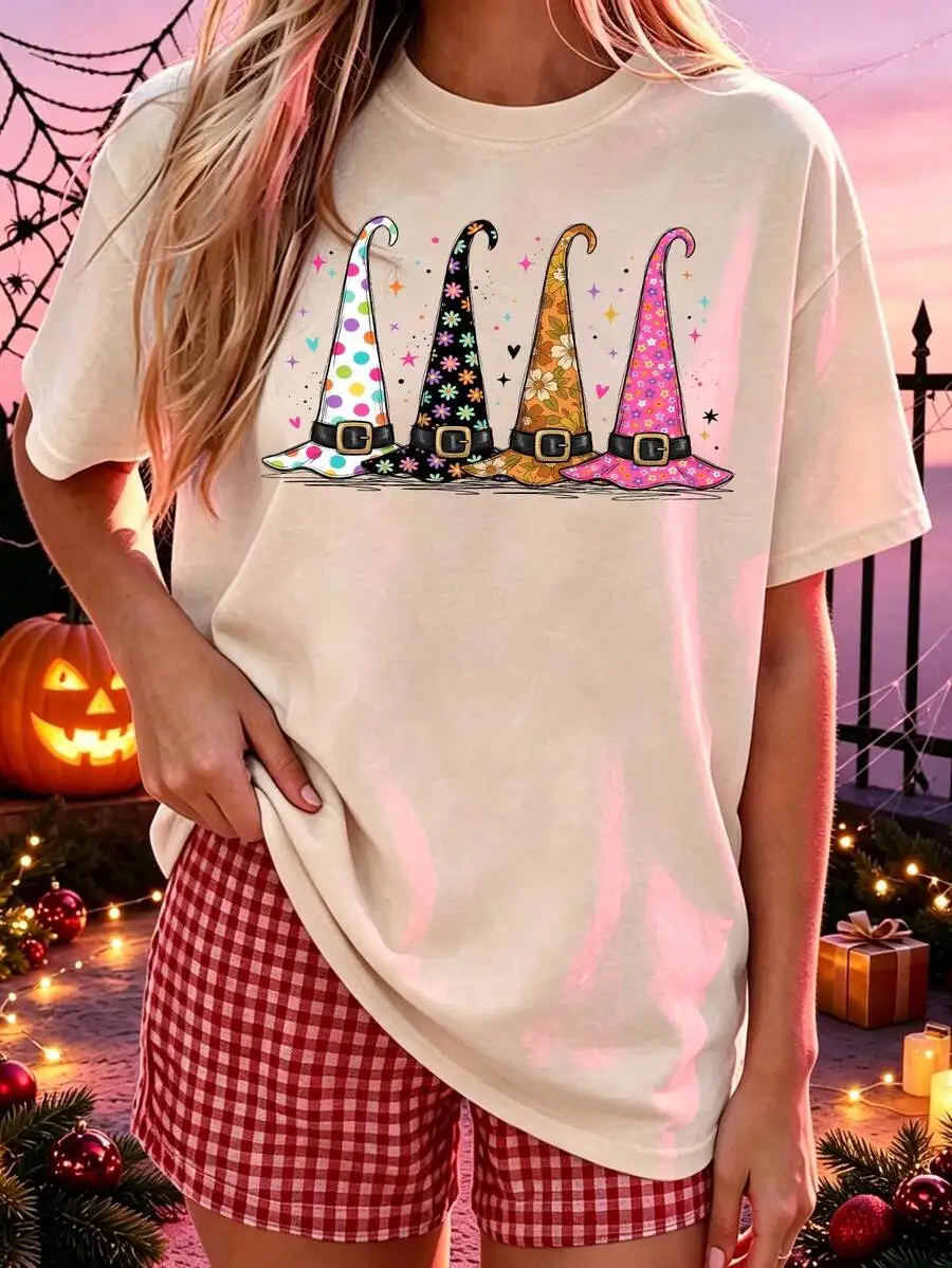 Women's 100% Cotton Preppy Witch Hat Halloween T-Shirt, Crew Neck Short Sleeve Breathable Casual Top, Beach & Office Daily Wear