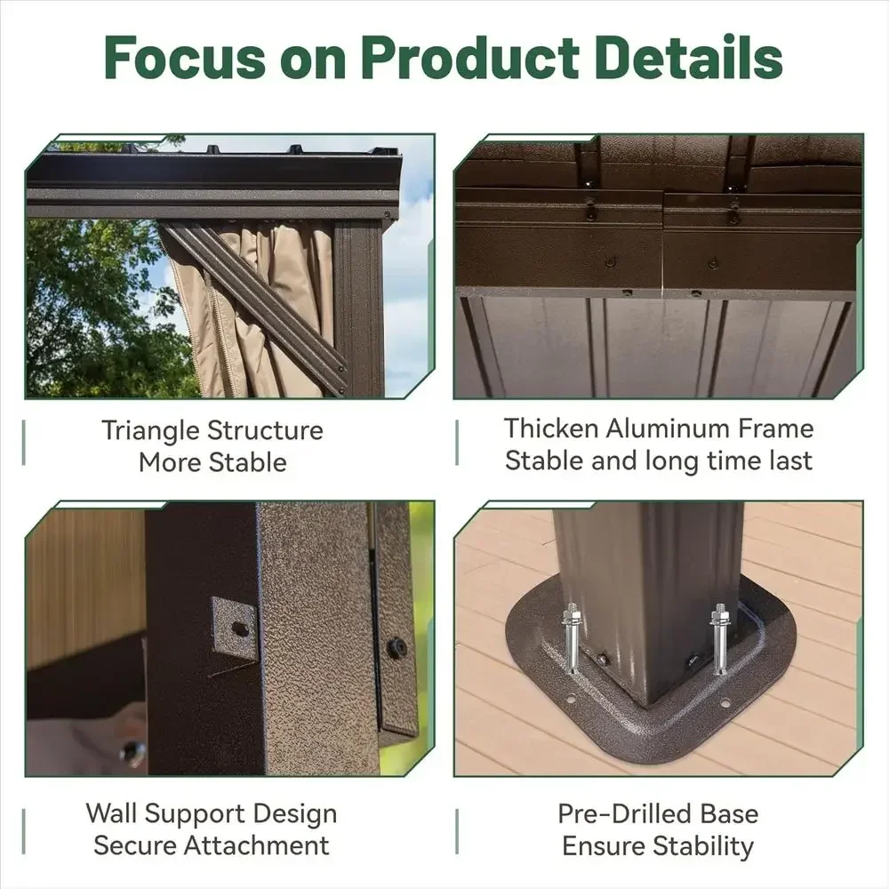 8’ x 12’ Lean to Gazebo, Outdoor Wall Mounted Gazebo e, Hardtop Pergola with Galvanized Steel Sloping Roo or Patio Deck Garden B
