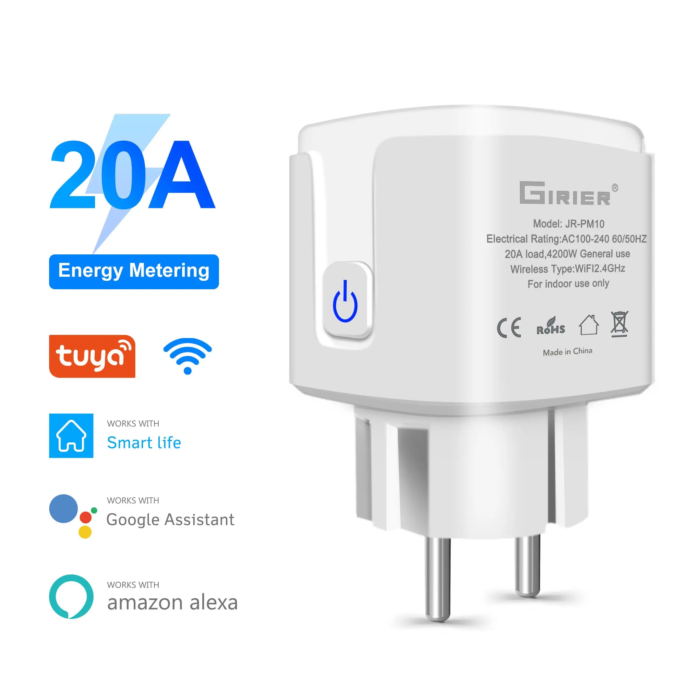 Tuya inteligente wifi plug 20a controle remoto tomada inteligente monitor de energia da ue função temporizador funciona com alexa google casa