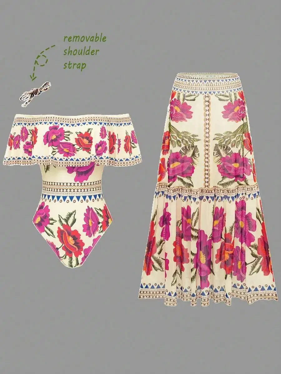 

Women Off-Shoulder Swimsuit With Detachable Strap And Floral Pleated Skirt Summer