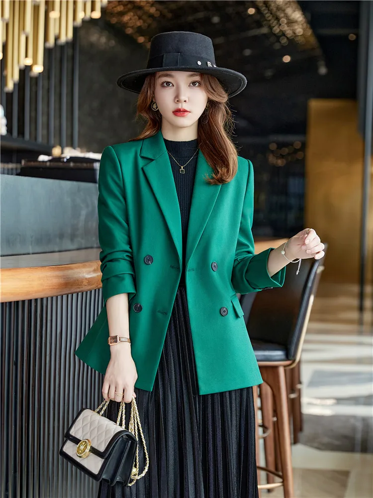 

Double Breasted Office Blazer For Women Green Khaki Coat Vintage Long Sleeve Outerwear Stylish Top New Collection Autumn Spring