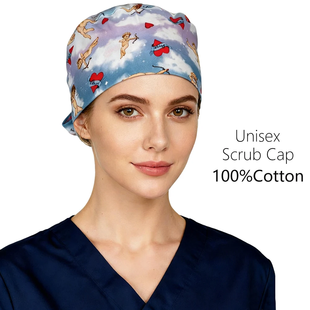 Angel Heart Printing Women's Soft Cotton Scrub Cap Sweat-Absorbent Nurse Head Wrap Pure Cotton Surgical Hat