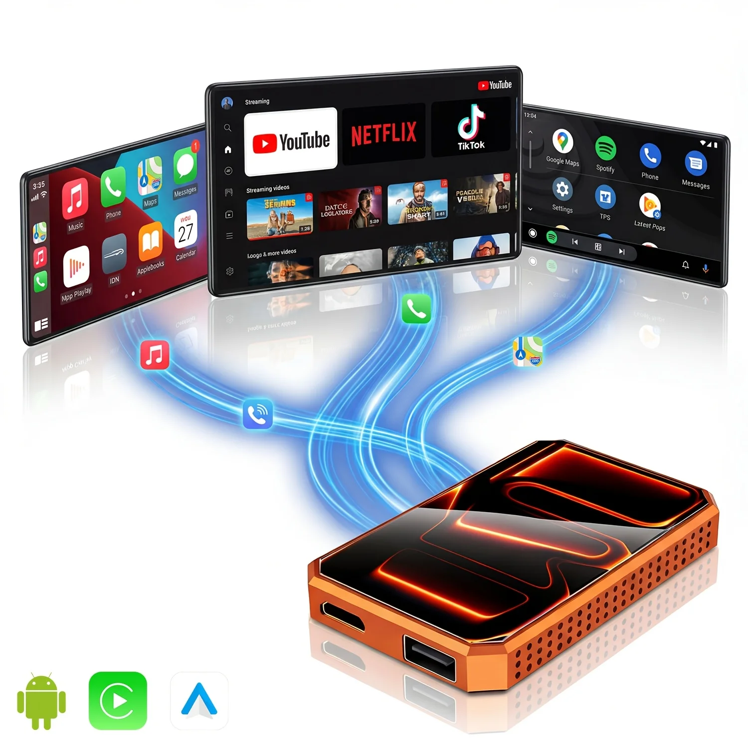 Wireless CarPlay Adapter 3‑in‑1 Smart Car Magic Box, Wired to Wireless CarPlay & Android Auto Dongle, RGB Atmosphere Light, Mirror‑Link, YouTube Netflix Streaming, USB Flash Drive Play, Online Upgrade For Factory Wired Carplay Cars