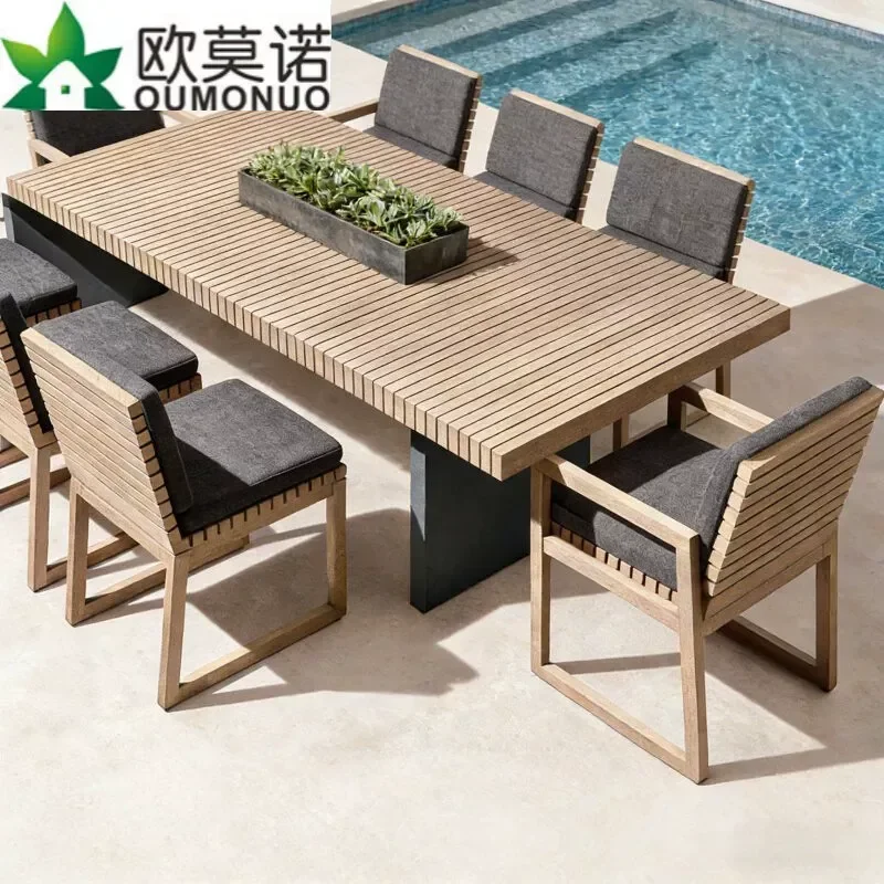 Nordic Outdoor Solid Wood Table and 8 Chairs Set for Courtyard Villa Restaurant Hotel Leisure Furniture