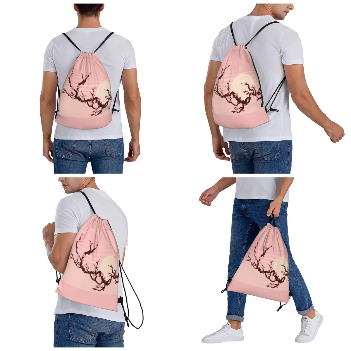 Japanese Cherry Blossom Pattern Backpacks Multi-function Drawstring Bags Sports Bag Book Bags for Man Woman Students