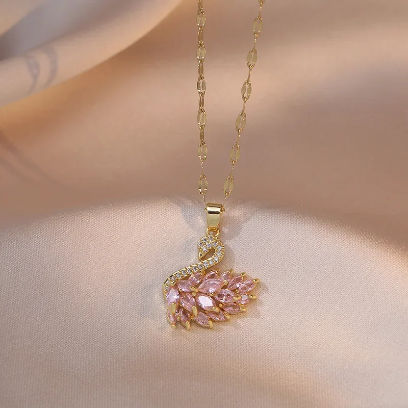 Classic Design Swan Zircon Pendant Necklaces For Women Girls Animal Pink Crystal Charms Stainless Steel Choker Jewelry - Image 3