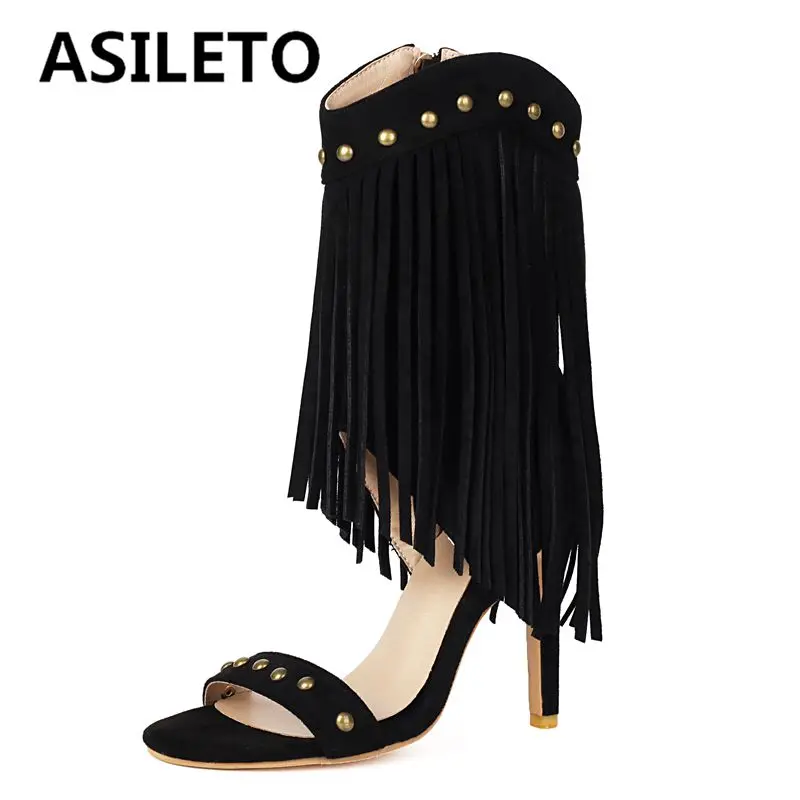 

SIMLOVEYO Роскошные женские сандалии на шпильке 10,5 см, замшевые заклепки из флока с металлическими украшениями, большие размеры 46, 47, сексуальная модная обувь для вечеринок