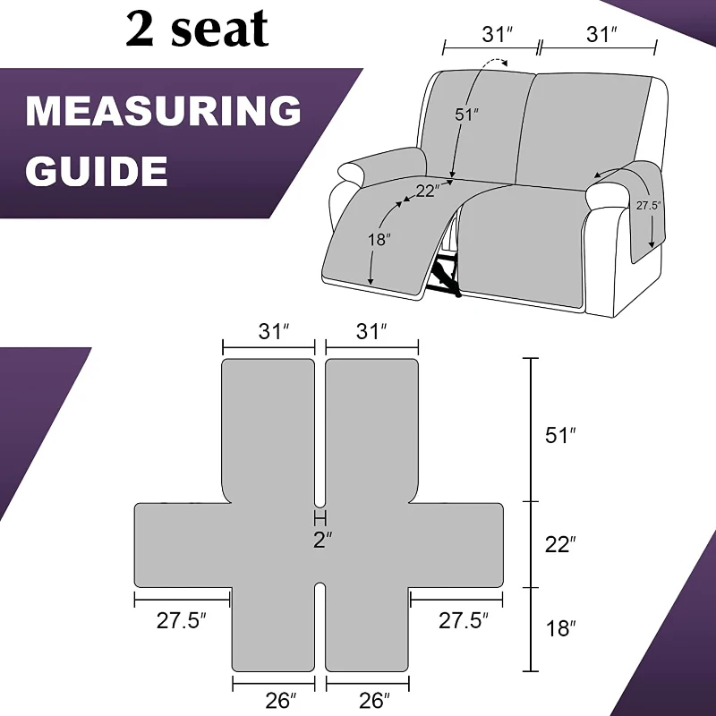 2 Seat Non-Slip Recliner Chair Cover Sofa Slipcover Reversible Pet Cover Protector Couch Cover