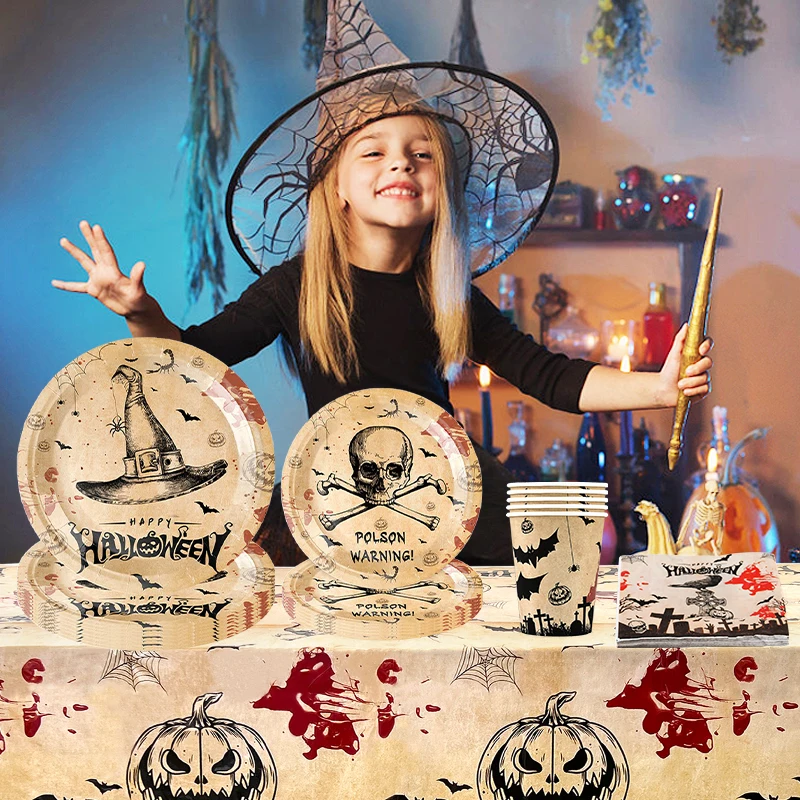 Retro Halloween Theme Party Disposable Tableware Set Skull Pumpkin Witch Paper Plates Cups Tablecloth Home Party Decors Supplies