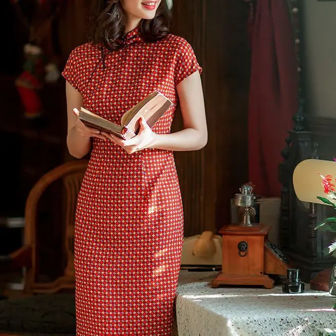 トップニューチャイニーズスタイルファッションレトロ半袖プリントチャイナドレスミドル丈夏中国女性スリムチャイナドレス