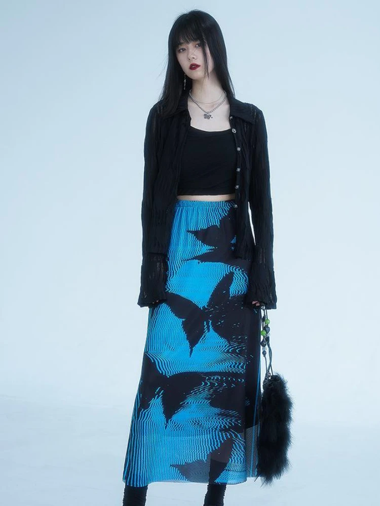 KOSAHIKI Gothic Pleated Skirts Womens Blue Saia Black Butterfly Print High Waist Skirt Woman Y2k Faldas Mujer Moda 2024 Korean