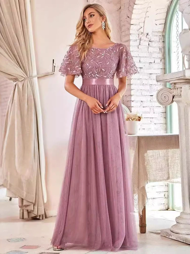 Elegant Splicing Big Swing Mesh Dresses Spring Women O Neck Short Sleeved Dress Summer Elastic Waist Solid Floor Length Dress