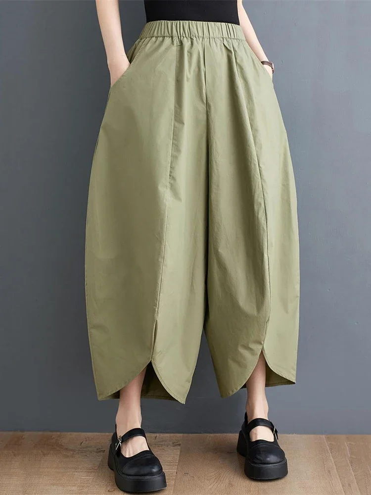 XITAO Women Wide Leg Pants Irregular Solid Color Elastic Waist Pocket Pleated 2024 Summer Ankle Length Pants Elegant WLD16705