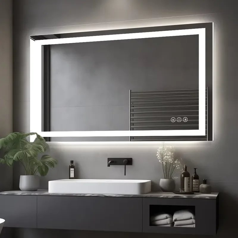 Custom LED Bathroom Mirror with Smart Touchscreen and Lighting Modern Rectangular Design for Salon Villa Applications