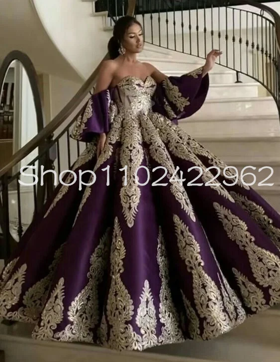 Grape Purple Puffy Skirt Prom Occasion Dresses Off Shoulder Flare Sleeve Luxury Applique Albanian Caftan Evening Gown