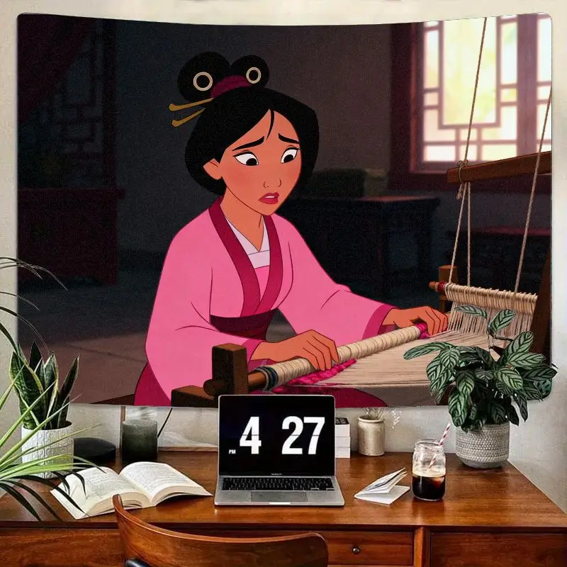 

1PC Animated Disney Mulan Tapestry, Pink Traditional Weaving Wall Decor for Bedroom Living Room, Girl Gift for Heroine Fans