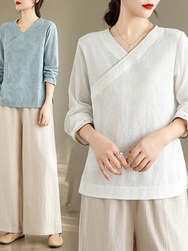 

New Chinese Sle Long Sve Cotton Linen Women's irt Zen Study Monk Tea Costume Set Hanfu Traditional Artistic Faion En...