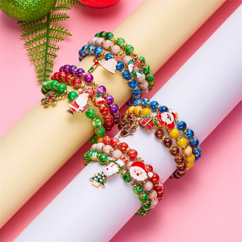 3pc/set Christmas Combination Bracelet for Women Tree Walking Stick Flower Santa Claus Snowflake Beading Bracelet Jewelry Gift